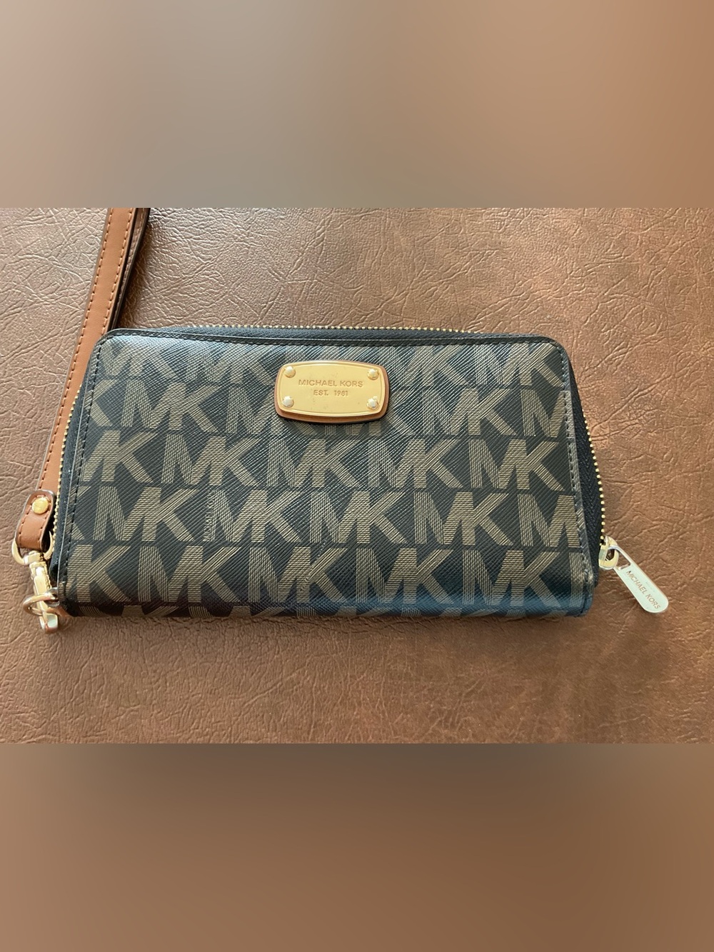 Michael Kors Black and Brown MK Logo Zip Wallet with Gold Plaque